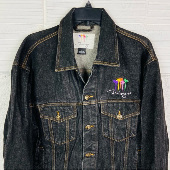 Mirage oversized dark Denim cotton embroidered colorful palm trees Jacket SZ L - Picture 7 of 14